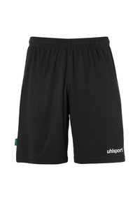 Zwarte sportieve shorts van lichtgewicht stof. Beschikt over een elastische tailleband en een wit "uhlsport" logo aan de onderzijde rechts.