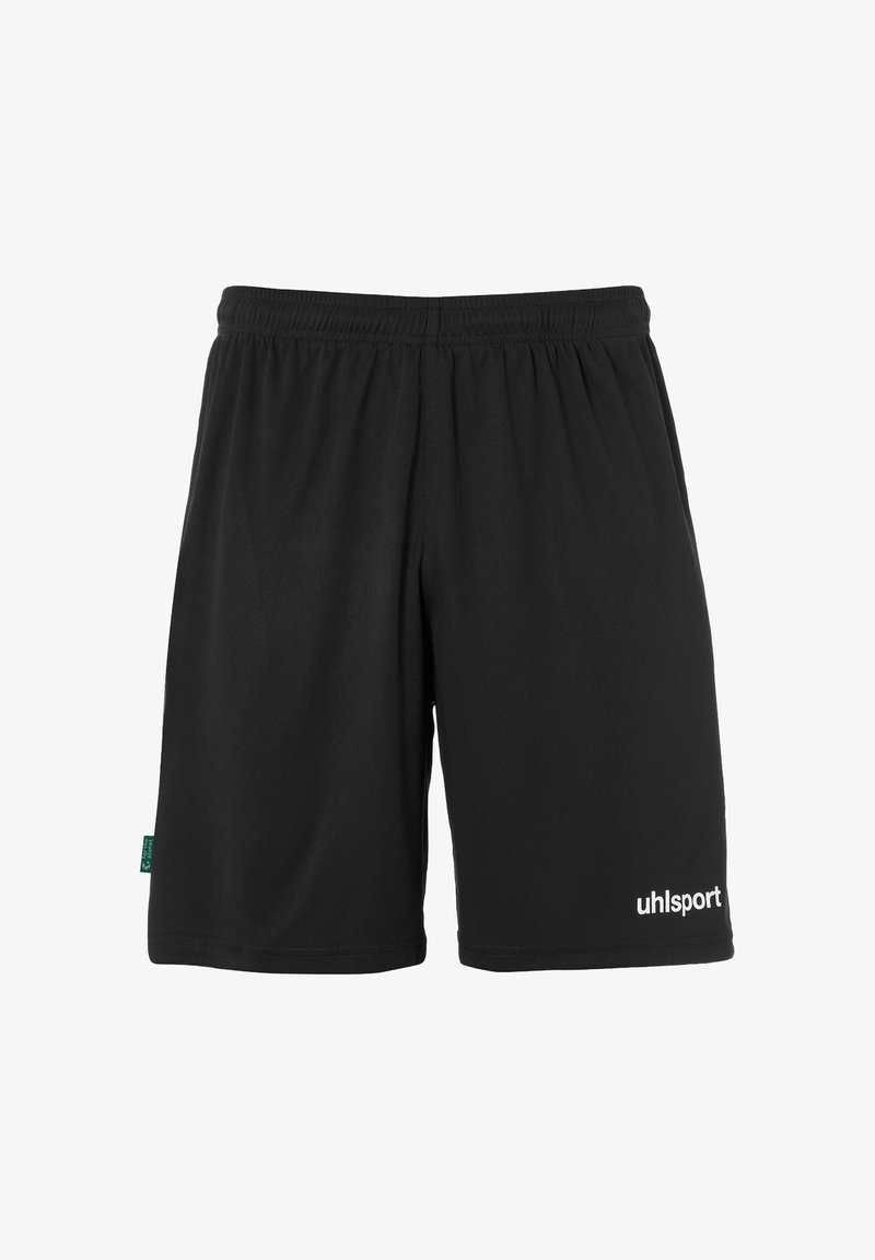 Zwarte sportieve shorts van lichtgewicht stof. Beschikt over een elastische tailleband en een wit "uhlsport" logo aan de onderzijde rechts.