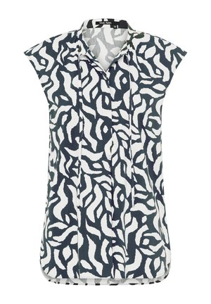 Ärmellose Bluse mit schwarz-weißem abstraktem wellenförmigem Muster, V-Ausschnitt mit Kragen und zwei vorderen vertikalen Falten.