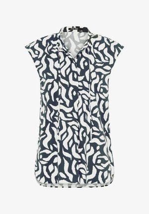 Ärmellose Bluse mit schwarz-weißem abstraktem wellenförmigem Muster, V-Ausschnitt mit Kragen und zwei vorderen vertikalen Falten.