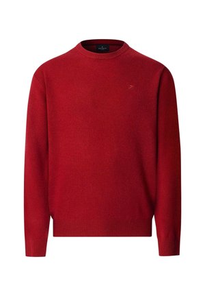 Rød crewneck langærmet trøje med ribbede manchetter og kant, forsynet med et lille broderet logo på den øvre bryst.