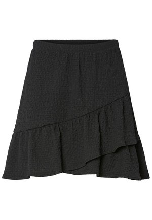 Black textured wrap skirt with asymmetrical ruffled hem and elastic waistband.