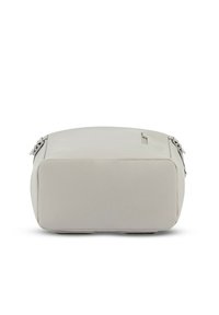 Borsa a spalla in tessuto grigio con forma rettangolare, texture liscia e design minimalista. Presenta una tasca con zip e accessori resistenti.