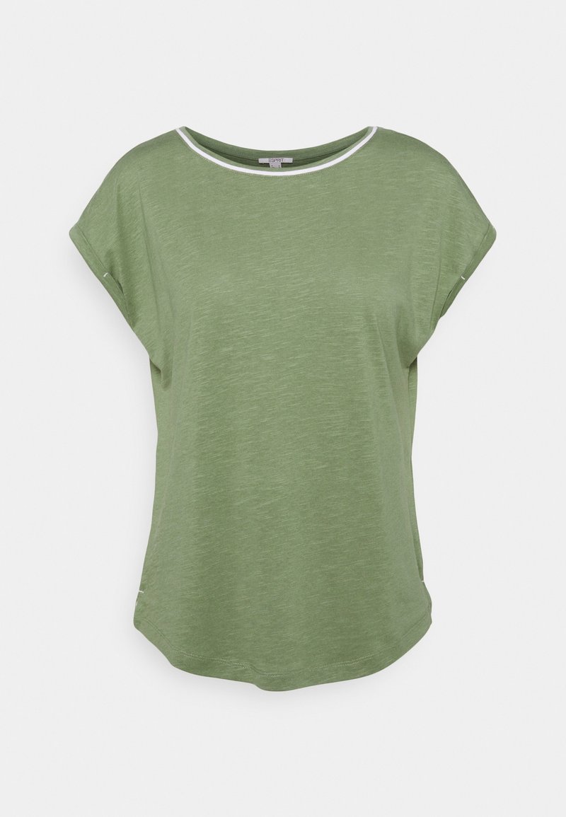 T-shirt verde oliva a maniche corte con colletto rotondo e bordi bianchi, caratterizzato da una vestibilità comoda e un tessuto morbido e texturizzato.