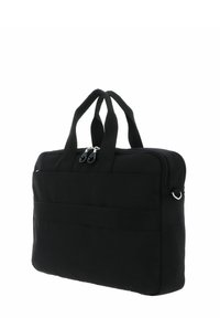 Sacoche pour ordinateur portable en tissu noir avec deux poignées supérieures, fermeture éclair et poche extérieure. Présente une texture lisse et un design minimaliste.