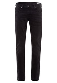 Vaqueros de mezclilla negra con diseño de pierna recta, detalle de cinco bolsillos, costuras tonales y cierre clásico de botón en la cintura.