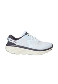 Scarpa atletica leggera con una tomaia in rete bianca traspirante, accenti azzurri chiari e una suola spessa e imbottita di colore crema con un motivo a onde.