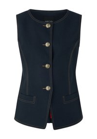 Marineblaues ärmelloses Weste mit Rundhalsausschnitt, verziert mit goldenen Knöpfen und Kontrastnähten, zwei Fronttaschen und rotem Innenfutter.