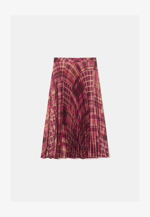 Gonna plissettata in un audace motivo a quadri rosa e beige. Presenta una vita aderente e un design fluido con elementi testurizzati distintivi.