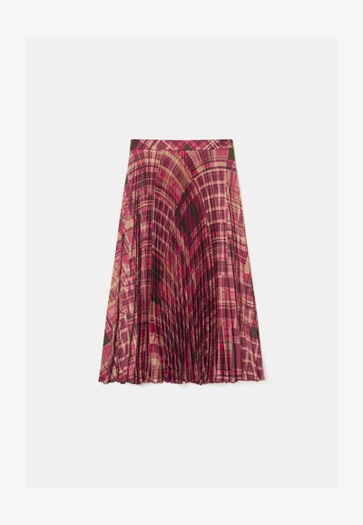 Gonna plissettata in un audace motivo a quadri rosa e beige. Presenta una vita aderente e un design fluido con elementi testurizzati distintivi.