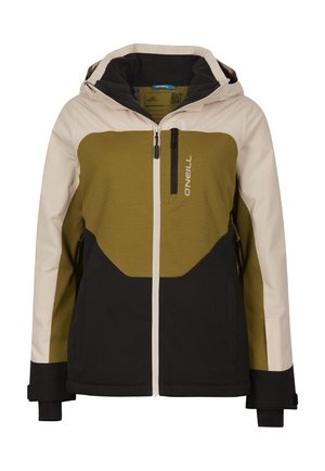 Vinterjakke med hætte med beige ærmer, olivengrøn bryst, sort underdel, lynlås foran, brystlomme og O'Neill-logo på brystet.
