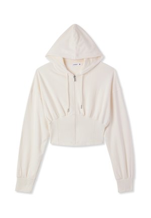 Felpa corta con cappuccio bianca in tessuto morbido, con zip frontale, cappuccio regolabile e polsini a costine con design aderente.