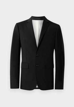 Schwarzer, taillierter Blazer aus glattem Stoff, mit einem einreihigen Design, zwei Vorder- taschen und einem Reverskragen.