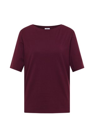 Kortærmet rundhalset T-shirt i ensfarvet mørk bordeaux, enkelt design med almindelig pasform.