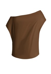 Braunes schulterfreies Oberteil aus leichtem Stoff, mit lockerer Passform und glatter Textur sowie asymmetrischem Ausschnitt.
