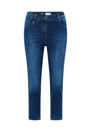 Jean slim bleu foncé avec bouton et fermeture éclair à l'avant, deux poches avant et passants pour ceinture, étiqueté Cecil Denim.