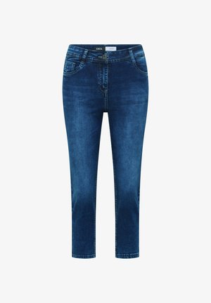 Vaqueros ajustados de color azul oscuro con botón y cremallera delanteros, dos bolsillos delanteros y trabillas para cinturón, etiquetados como Cecil Denim.