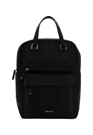 Black backpack with synthetic material, two top handles, a front zip pocket, and silver hardware accents. Smooth texture, rectangular shape.