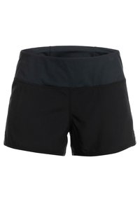 Zwarte sportshorts met een brede tailleband, gemaakt van rekbare stof. Bevat een gladde textuur en minimale stikseldetails.