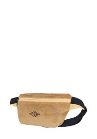 Marsupio in corduroy color marrone chiaro con una superficie testurizzata, dotato di una cerniera frontale e una tracolla regolabile blu navy. Accentuato con un dettagli del logo.