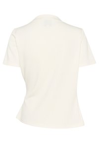 Top bianco a maniche corte con silhouette aderente, texture liscia e scollatura rotonda. Vista posteriore senza decorazioni distintive.