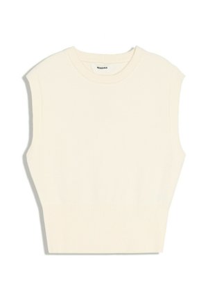 Ärmelloses, cremefarbenes, gestricktes Crop-Top mit Rundhalsausschnitt und geripptem Bund von Bershka.