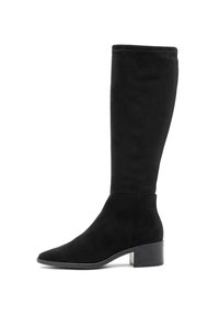 Bota negra hasta la rodilla hecha de ante, con punta afilada y tacón cuadrado, de textura suave y diseño sin costuras.