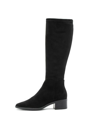 Black knee-high boot made of suede, featuring a pointed toe and block heel with a smooth texture and seamless design.