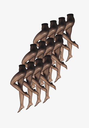 Schwarze transparente Strumpfhose mit mattem Finish, hohem Bund und glatter Textur, kombiniert mit einem einfachen schwarzen BH.