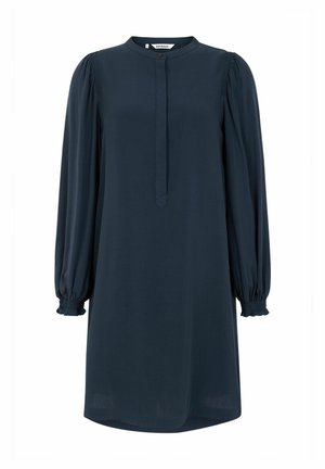 Marineblauwe jurk met lange, bolle mouwen, een ronde hals en een knoopsluiting. Zachte stof met smockdetails bij de mouwuiteinden.