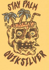 Grafika pojemnika na napój w kształcie czaszki z palmami i słomkami. Dominujące kolory to żółty, brązowy i niebieski. Zawiera akcenty w formie kapiących kropli.