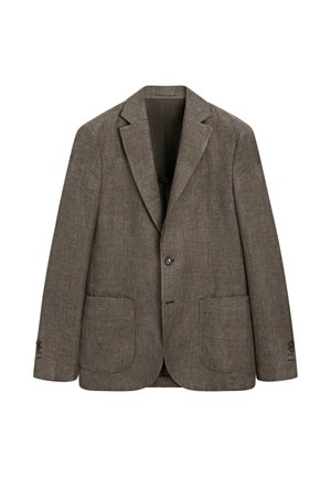 Brauner und schwarzer karierten Herrenblazer mit Kerbkragen, einreihiger Knopfleiste und zwei aufgesetzten Fronttaschen.