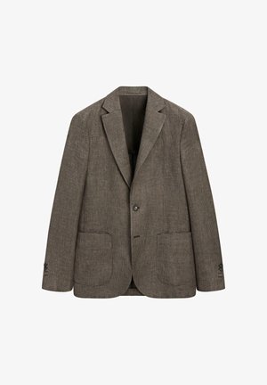 Brązowo-czarna męska marynarka w kratę z wciętymi klapami, jednorzędowym zapięciem na guziki i dwoma przednimi kieszeniami naszywanymi.