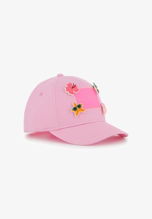 Pink baseball cap made of cotton with a curved brim. Features decorative pins: a flower, starfish, and other colorful accents.