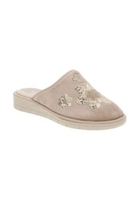 Pantofole in peluche beige con un design floreale di paillettes, punta rotonda e suola piatta con grip testurizzato. La morbidezza dei materiali aumenta il comfort.