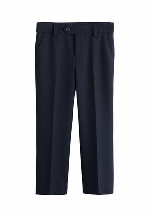 Navy blue formal trousers with front button closure, belt loops, side pockets, and a straight leg cut.