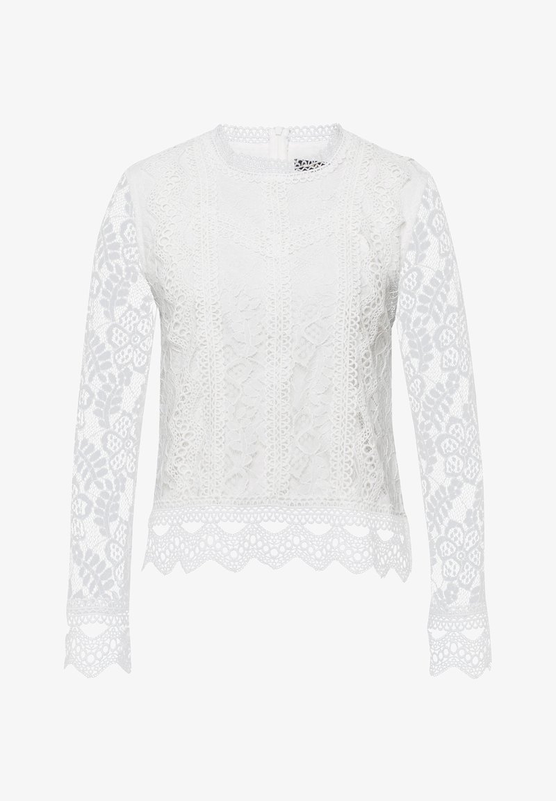 White lace top with long sleeves, featuring intricate floral patterns, scalloped hem, and a round neckline with a back zipper closure.