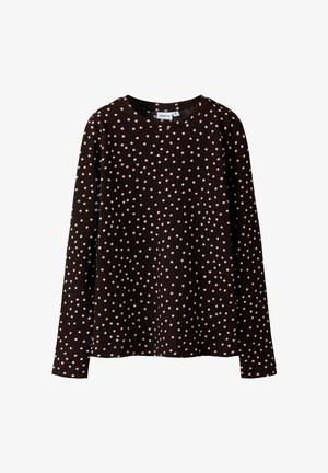 Maglia a maniche lunghe in tessuto marrone scuro con costine testurizzate, caratterizzata da un motivo a pois rosa e scollatura arrotondata.
