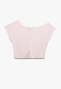 Lys pink cropped top lavet af blødt stof, med en bred halsudskæring, korte capærmer og en afslappet pasform. Glat, ensartet tekstur.