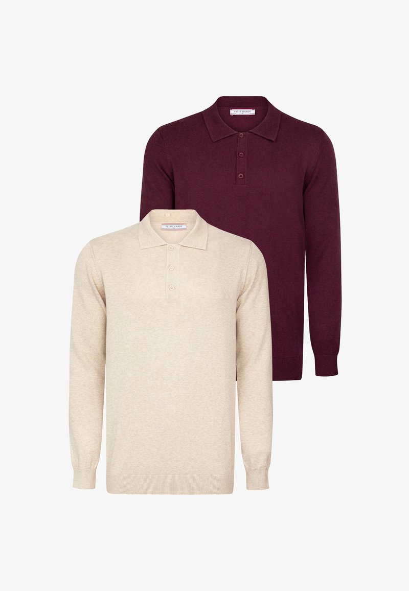 Dos polos de manga larga: uno en burdeos y otro en beige. Ambos presentan un cuello clásico y una tapeta de tres botones. Textura suave y de punto.