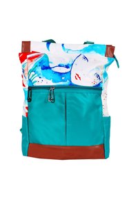 Colorful backpack with a watercolor design, teal fabric, and brown leather accents. Features a front zipper pocket and side pockets.