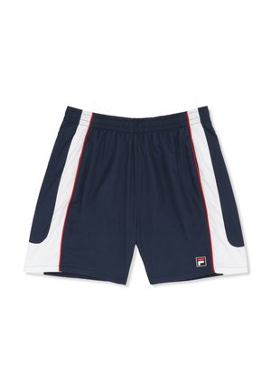 Navyblauwe sportshorts met witte zijkanten en rode bies, elastische tailleband en een klein Fila-logo op het linkerbeen.