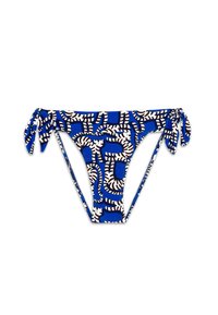 Plavi badić s uzorkom koji sadrži bijele i crne apstraktne oblike. Uključuje podesive vezice sa strane.