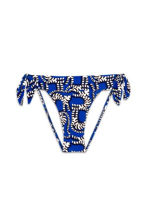 Modré bikiny s patternem, obsahující bílé a černé abstraktní tvary. Zahrnuje nastavitelné šňůrky po stranách.
