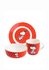 Red polka dot dishware set featuring a cartoon dog. Includes a plate, bowl, and mug, all with white interior and playful dog graphics.