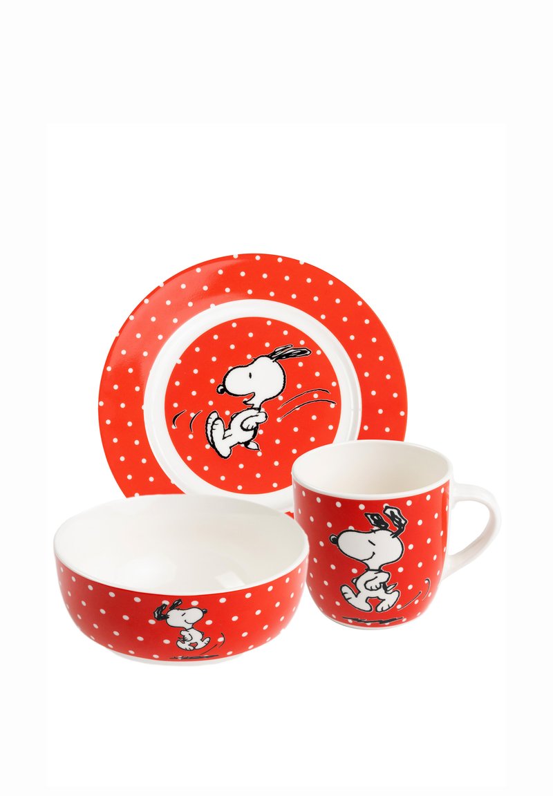 Red polka dot dishware set featuring a cartoon dog. Includes a plate, bowl, and mug, all with white interior and playful dog graphics.
