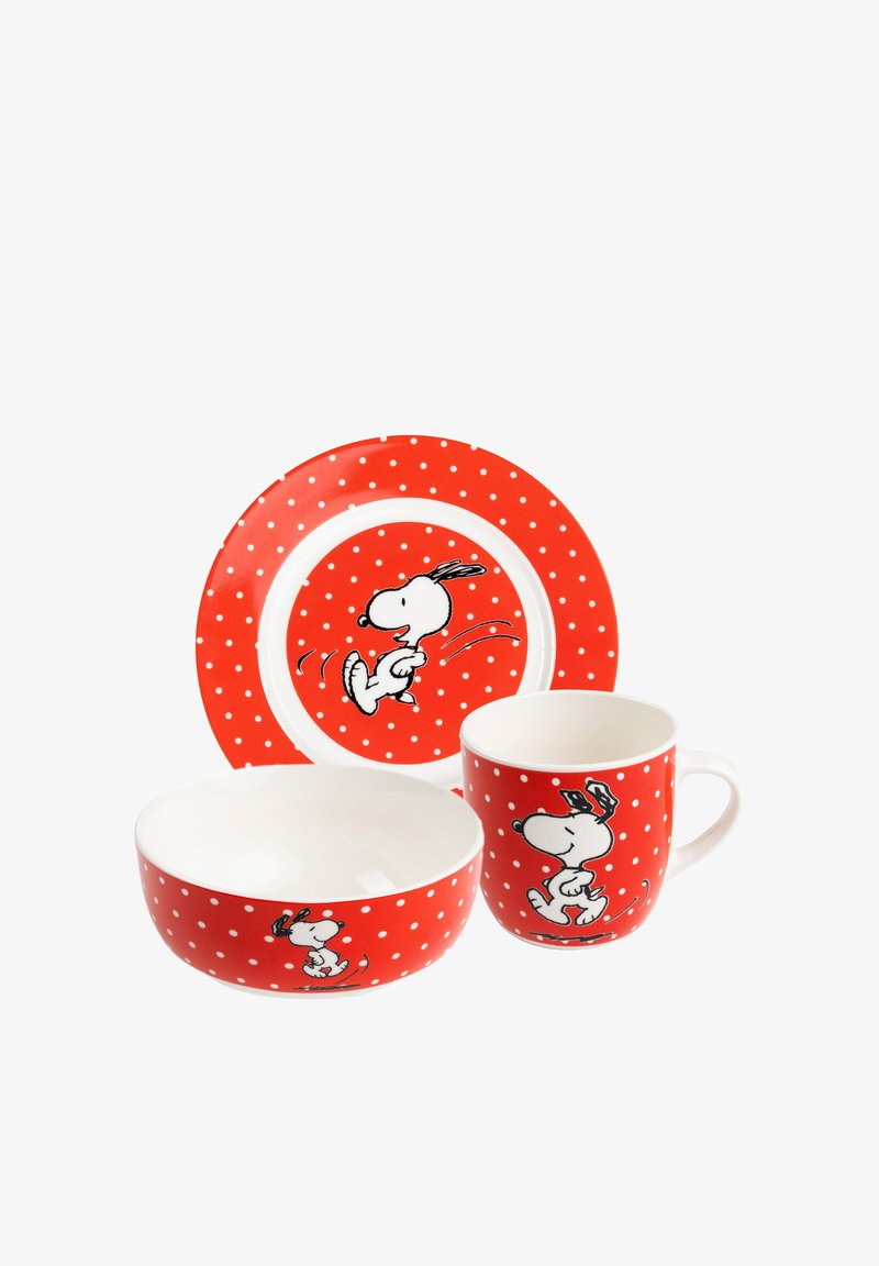 Red polka dot dishware set featuring a cartoon dog. Includes a plate, bowl, and mug, all with white interior and playful dog graphics.