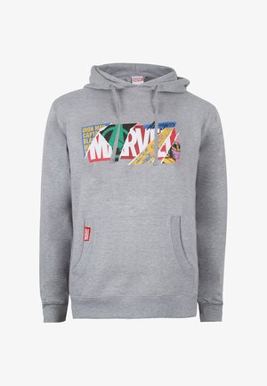 Grauer Hoodie mit Kängurutasche, ausgestattet mit einem mehrfarbigen Marvel-Graphic-Print auf der Vorderseite. Mit einer verstellbaren Kapuze.