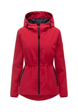 Rød kvindes hættejakke med sort lynlås, justerbare hættestrenge, elastisk taljestrammer og sidelommer med sorte kanter.