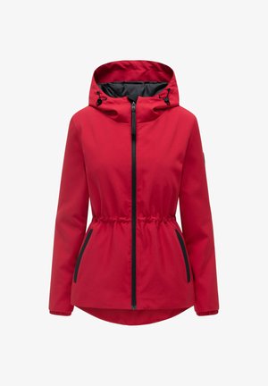 Red women's hooded jacket with black zipper, adjustable hood strings, elastic waist cinch, and black-trimmed side pockets.